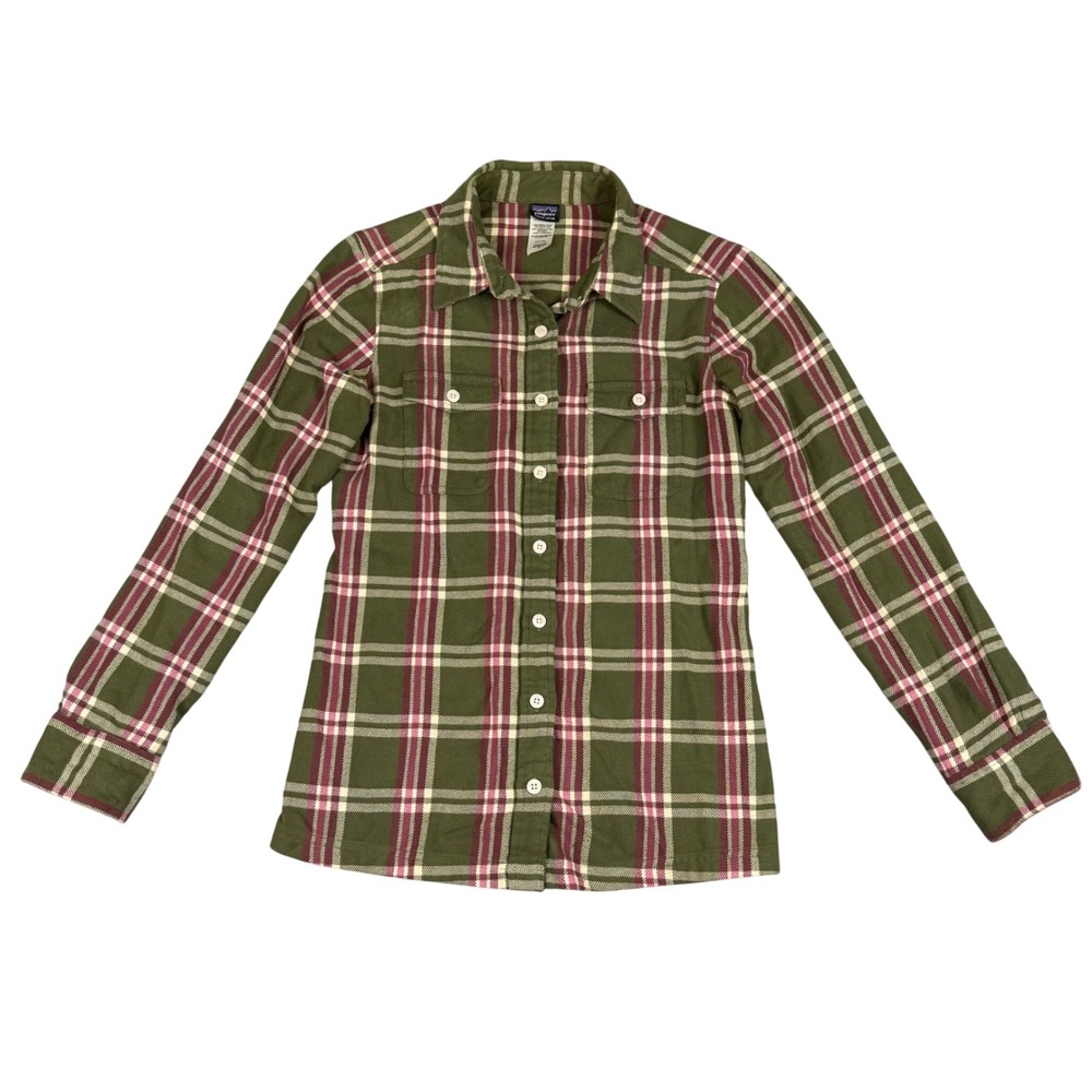 Patagonia Women 2 Green Plaid Organic Cotton Flannel Button Down Shirt Hiking